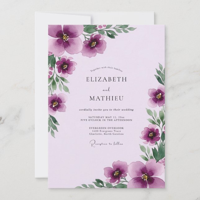Convites Casamento com Aquarela Suave de Lavanda (Frente)