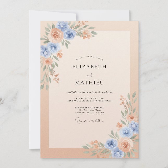 Convites Casamento com Aquarela Suave em Azul e Pêssego (Frente)