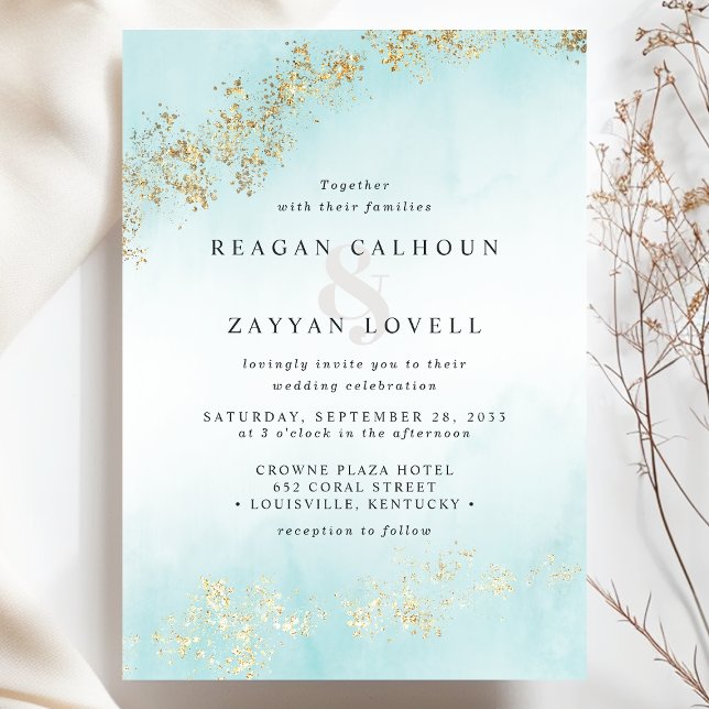 Convites Casamento com Aquarela Teal e Lixas Douradas Luxuo (Criador carregado)