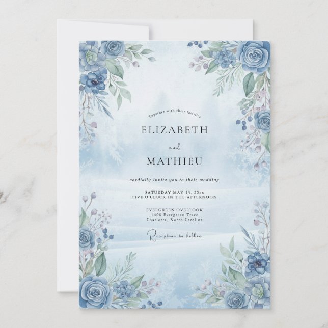 Convites Casamento com Aquarela Tranquila Azul Céu (Frente)