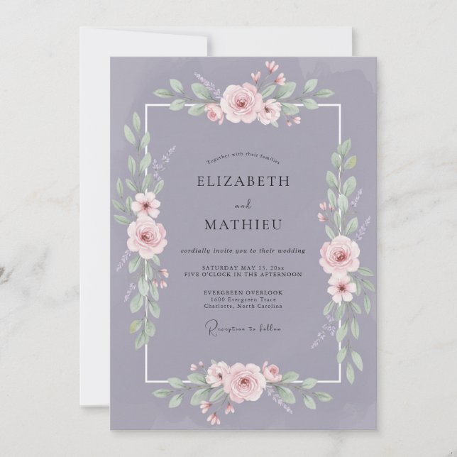 Convites Casamento com Aquarela Tranquila de Lavanda Suave (Frente)