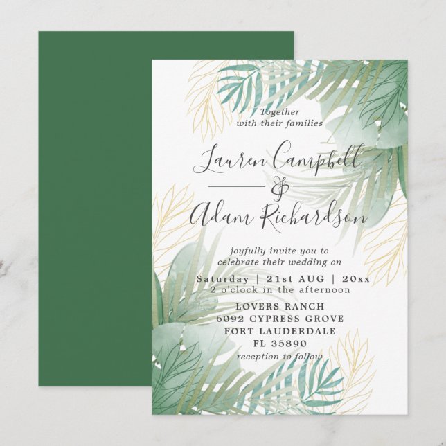 Convites Casamento com Aquarela Tropical de Verdura  (Frente/Verso)