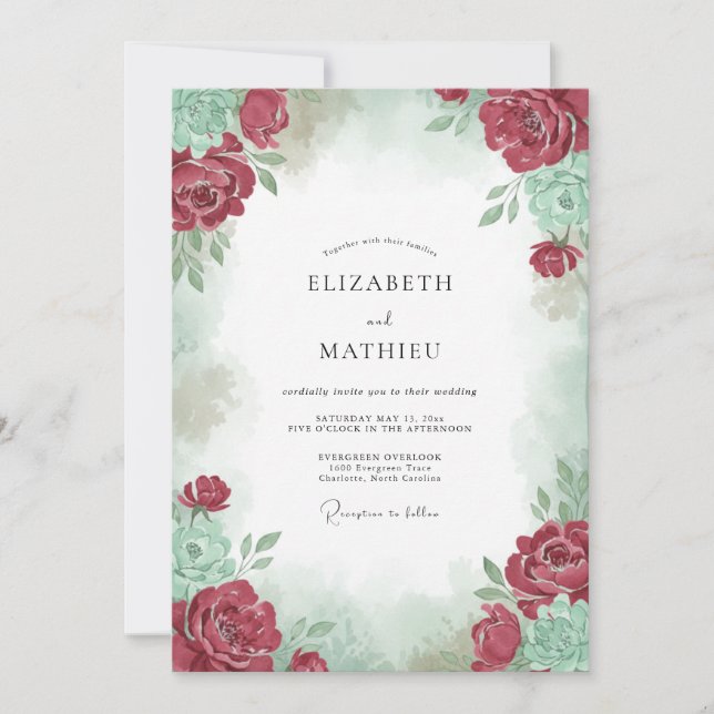 Convites Casamento com Aquarela Verdejante de Borgonha (Frente)