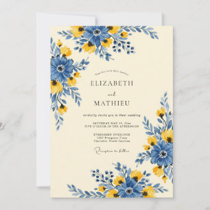 Convites Casamento com Aquarela Vibrante Amarela e Azul