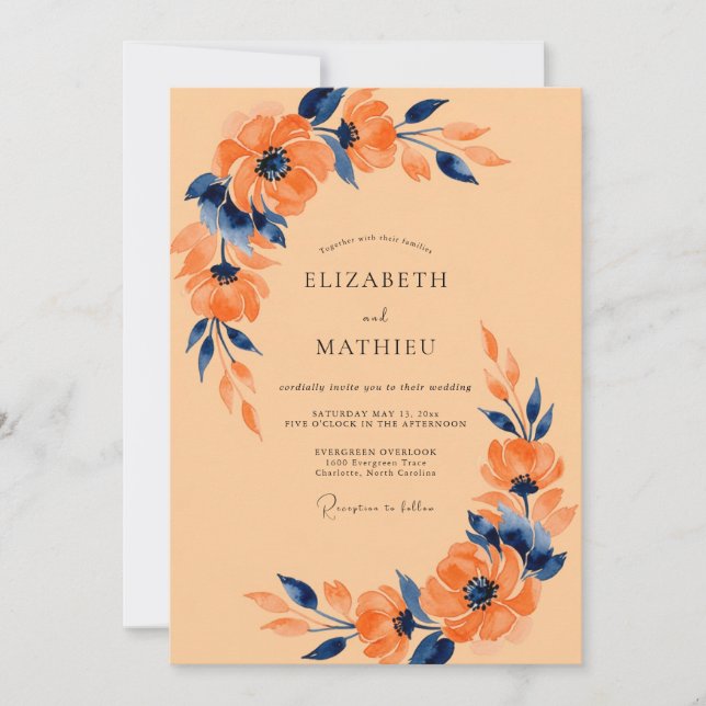 Convites Casamento com Aquarela Vibrante de Damasco (Frente)