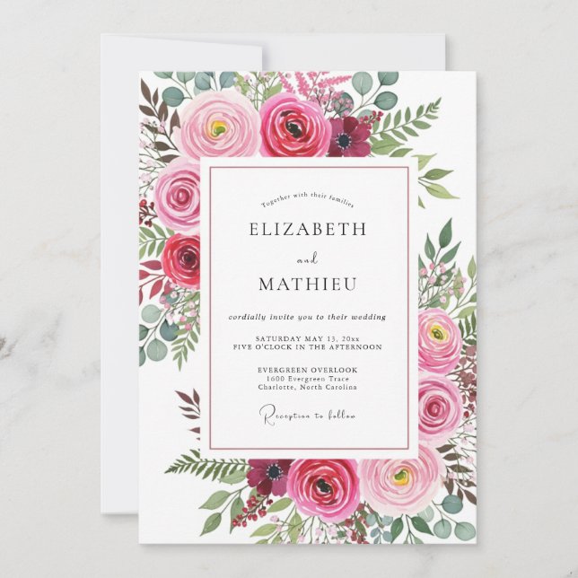 Convites Casamento com Aquarela Vibrante em Fuchsia (Frente)