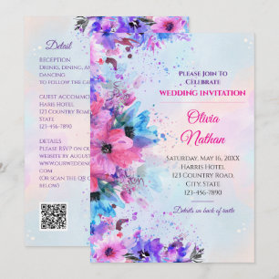 Convites Casamento com Aquarela Vibrante em Fuchsia e Roxo