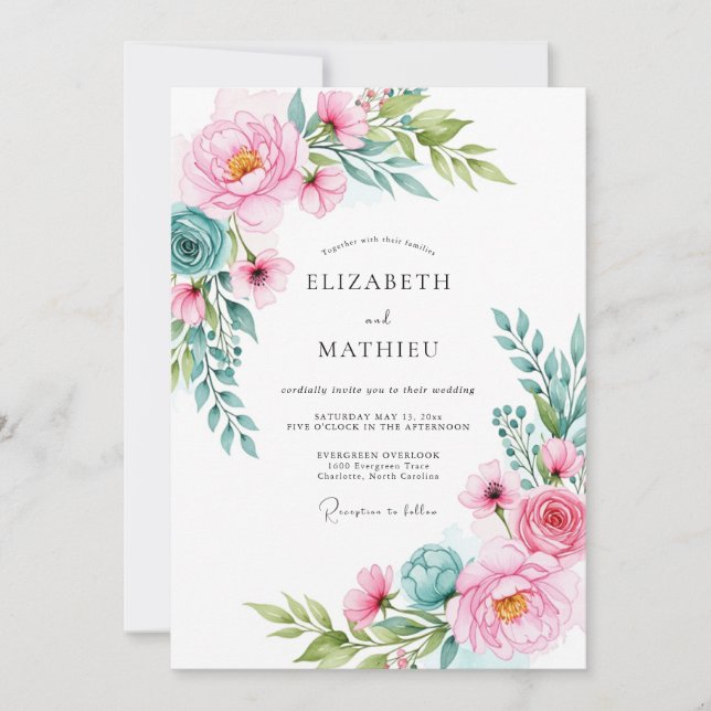 Convites Casamento com Aquarela Vibrante Rosa e Azul (Frente)