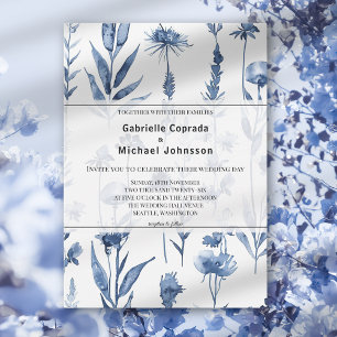 Convites Casamento com Aquarela Vintage Floral Azul Herbal