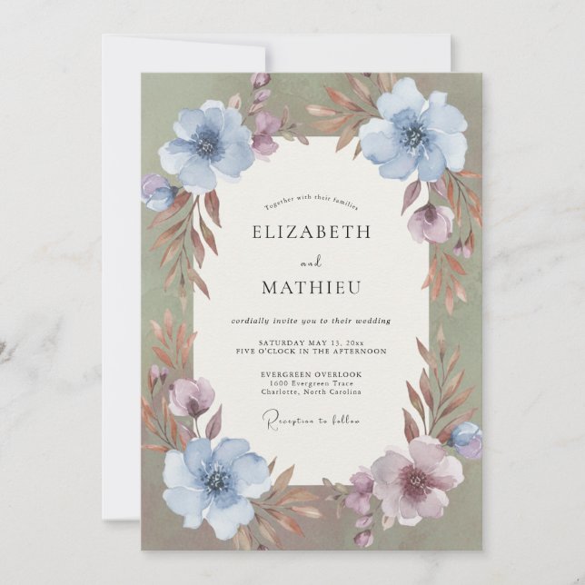 Convites Casamento com Aquarela Violeta Azulada (Frente)