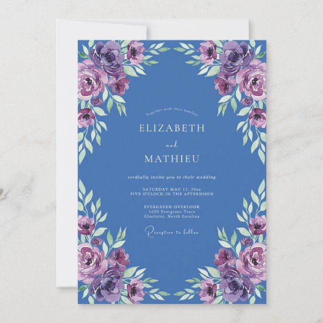 Convites Casamento com Aquarela Violeta Índigo (Frente)
