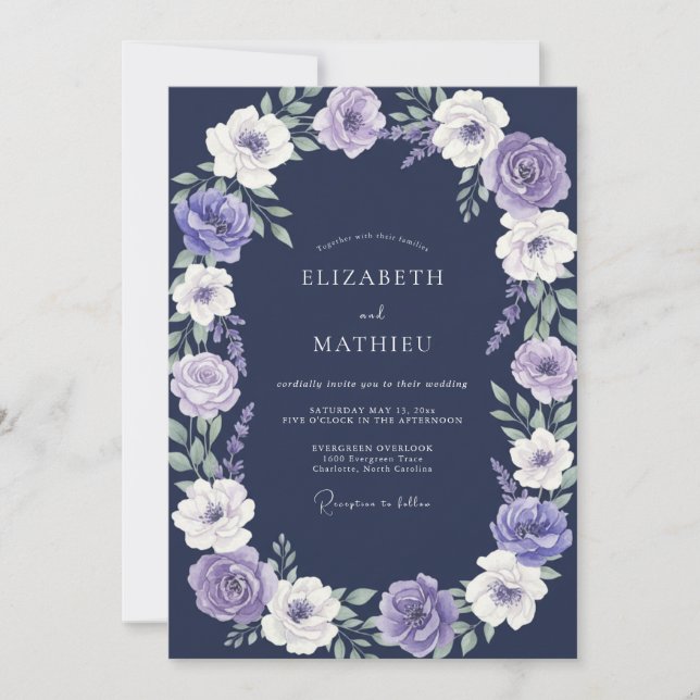 Convites Casamento com Aquarela Violeta Meia-Noite (Frente)