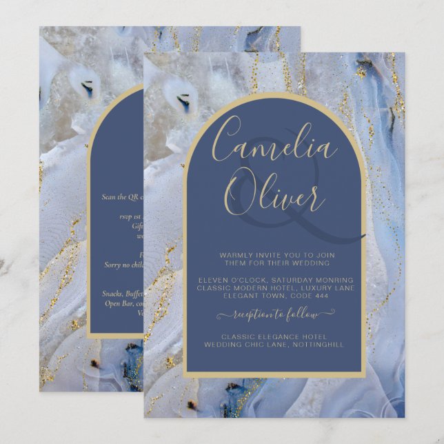 Convites Casamento com Arca de Mármore Dourada Azul Moderno (Frente/Verso)