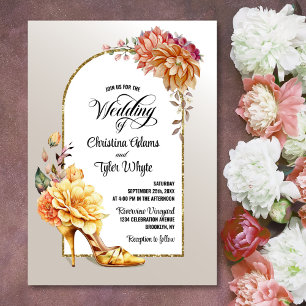 Convites Casamento com Arca Floral Dourada Laranja