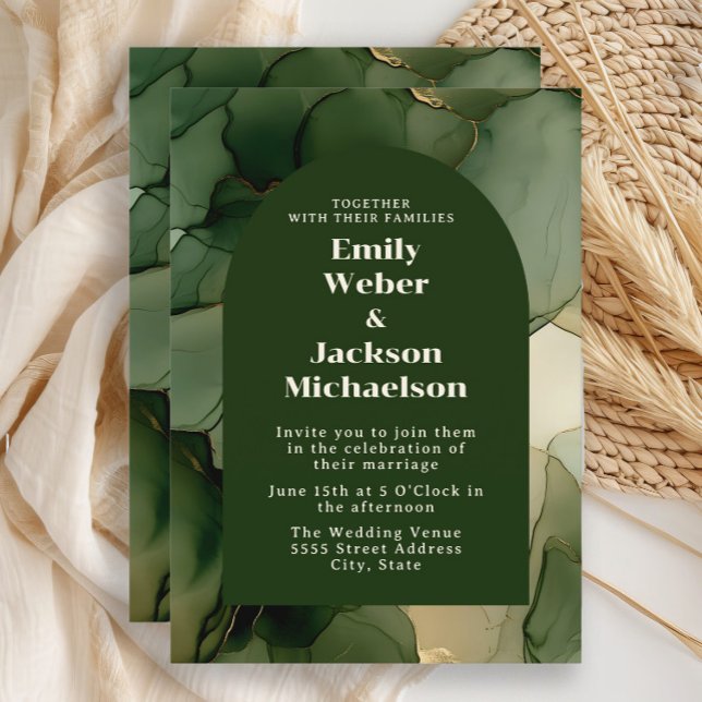 Convites Casamento com Arca Floral Dourada Verde Emerald Ol (Emerald and olive green wedding invitation)