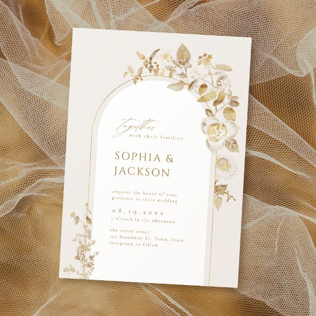 Convites Casamento com Arca Foral Botânica Dourada Elegante (Elegant Gold Botanical Floral Arch Wedding Invitation)
