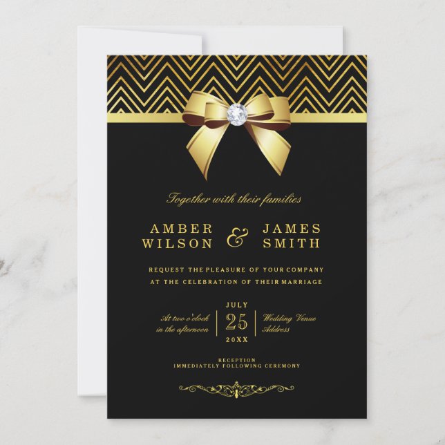 Convites Casamento com Arco de Chic Black Dourado Chevrons  (Frente)