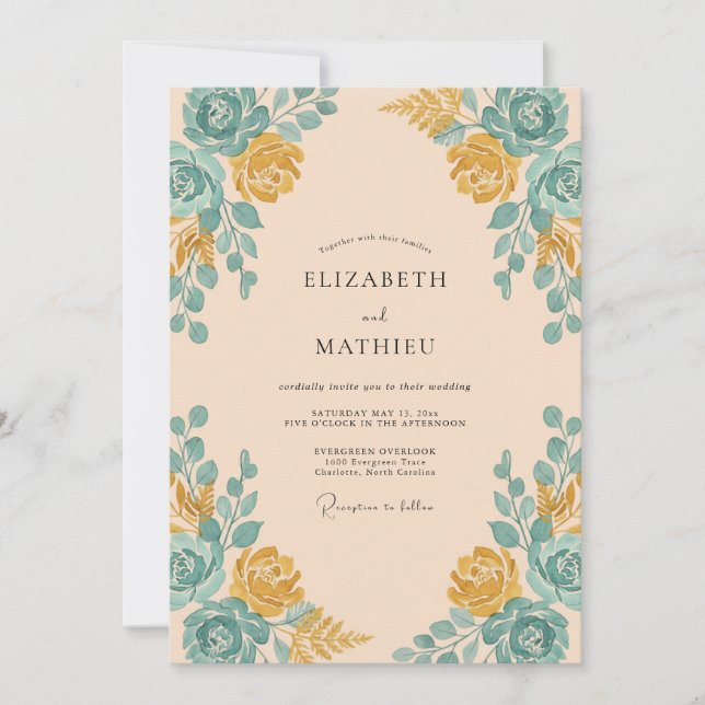 Convites Casamento com Arco de Rosa Teal Damasco (Frente)