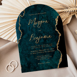 Convites Casamento com Arco de Script de Agato Azul-Teal Mo