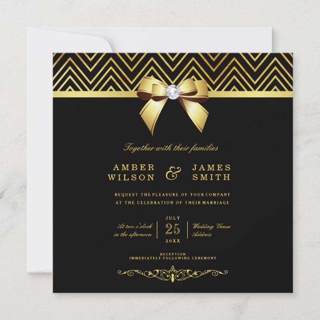 Convites Casamento com Arco Dourado Clássico Chevrons Diamo (Frente)