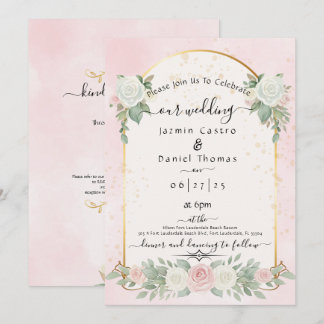 Convites Casamento com Arco Dourado e Floral em Aquarela Ro