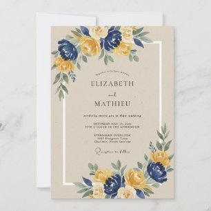 Convites Casamento com Arco Floral Amarelo e Azul-Marinho