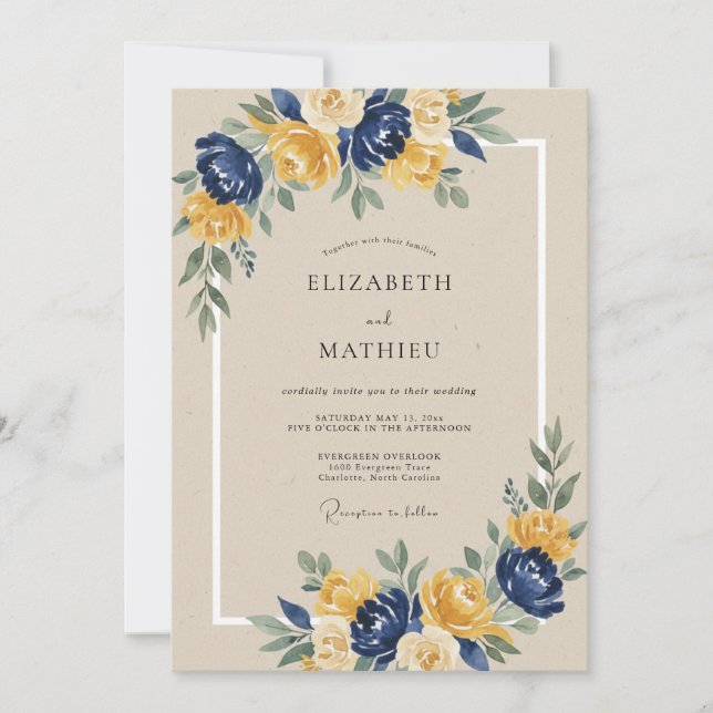 Convites Casamento com Arco Floral Amarelo e Azul-Marinho (Frente)