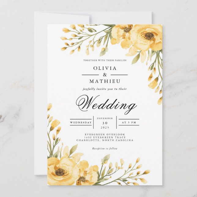 Convites Casamento com Arco Floral Amarelo ouro (Frente)