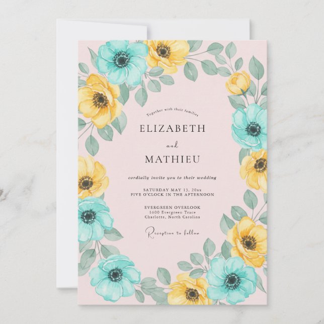 Convites Casamento com Arco Floral Amarelo Turquesa (Frente)