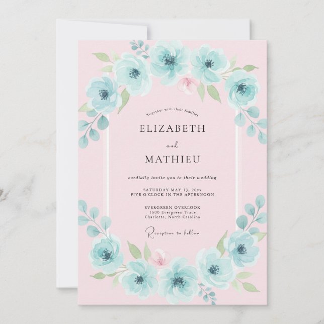 Convites Casamento com Arco Floral Aqua (Frente)