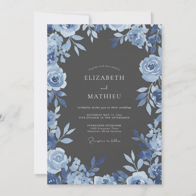 Convites Casamento com Arco Floral Azul (Frente)