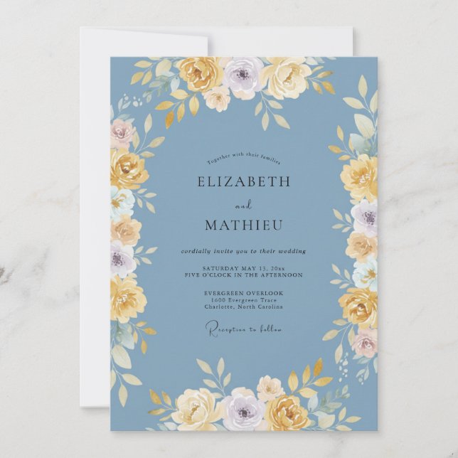 Convites Casamento com Arco Floral Azul Amarelo (Frente)