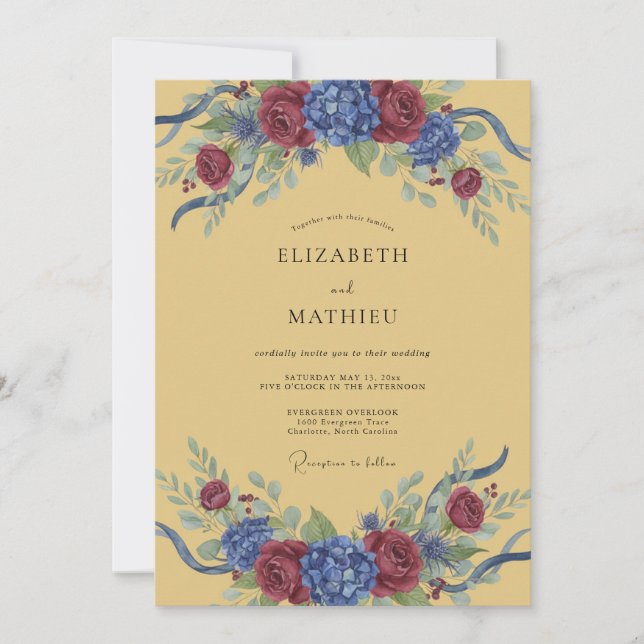 Convites Casamento com Arco Floral Azul Borgonha (Frente)
