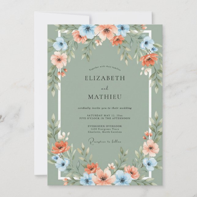 Convites Casamento com Arco Floral Azul Coral (Frente)