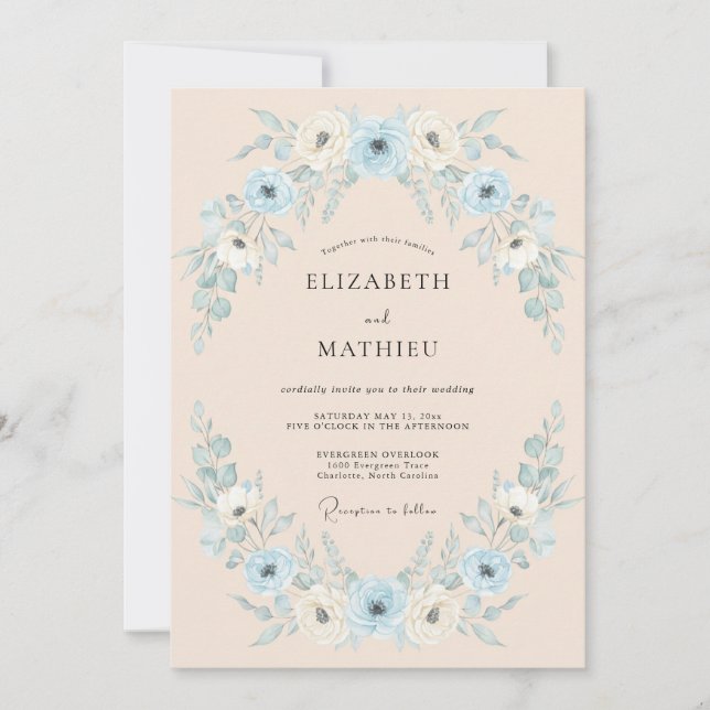 Convites Casamento com Arco Floral Azul Desbotado (Frente)