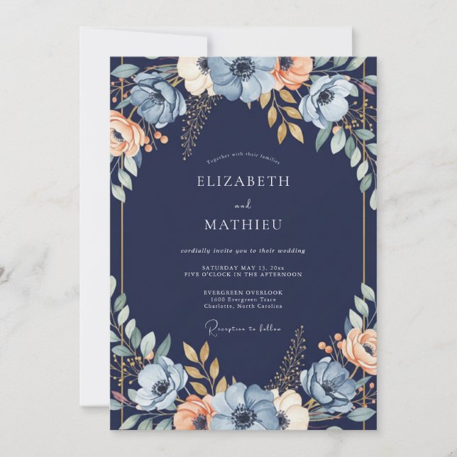 Convites Casamento com Arco Floral Azul Marinho (Frente)