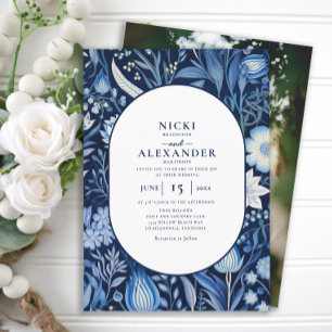 Convites Casamento com Arco Floral Azul Marinho Branco em F