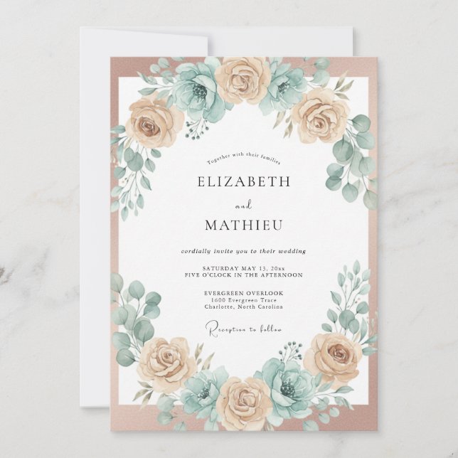 Convites Casamento com Arco Floral Azul Pêssego (Frente)