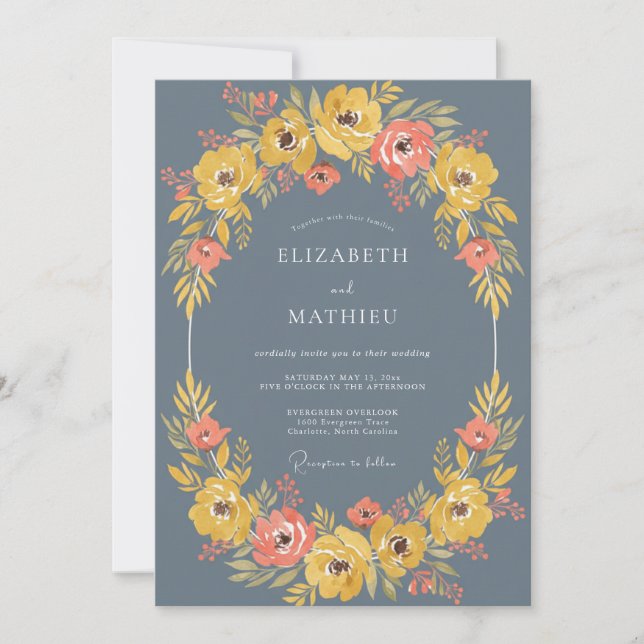 Convites Casamento com Arco Floral Azul Pizarra (Frente)