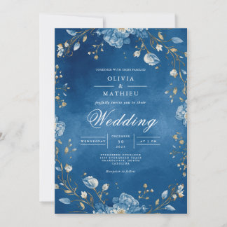 Convites Casamento com Arco Floral Azul Profundo