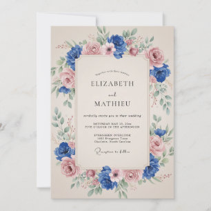 Convites Casamento com Arco Floral Azul Rosa