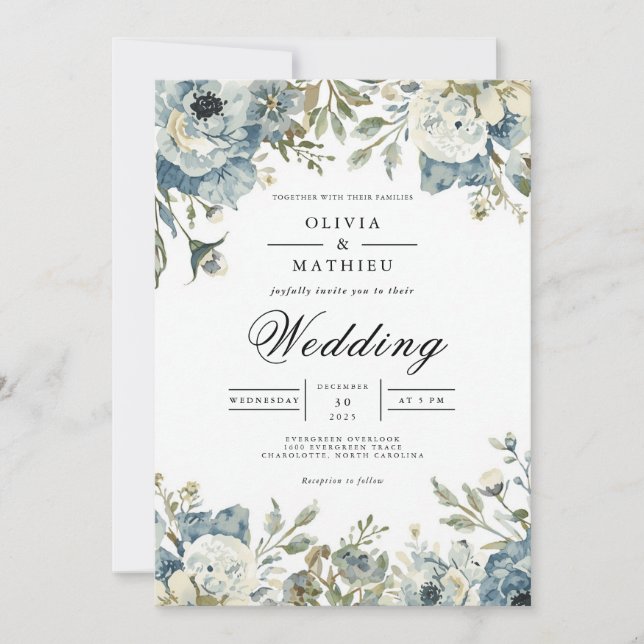 Convites Casamento com Arco Floral Azul Temperamental (Frente)