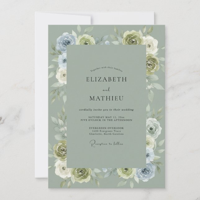 Convites Casamento com Arco Floral Azul Verde (Frente)