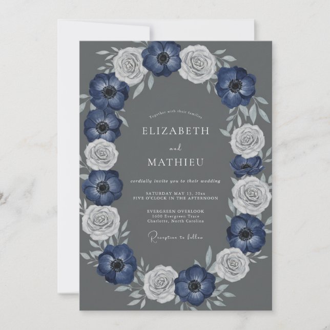 Convites Casamento com Arco Floral Branco e Azul Marinho (Frente)