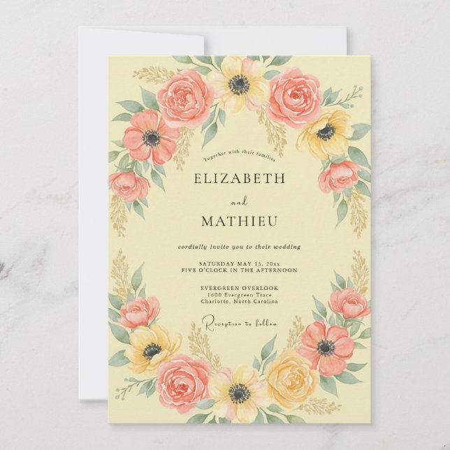 Convites Casamento com Arco Floral Coral Blush (Frente)