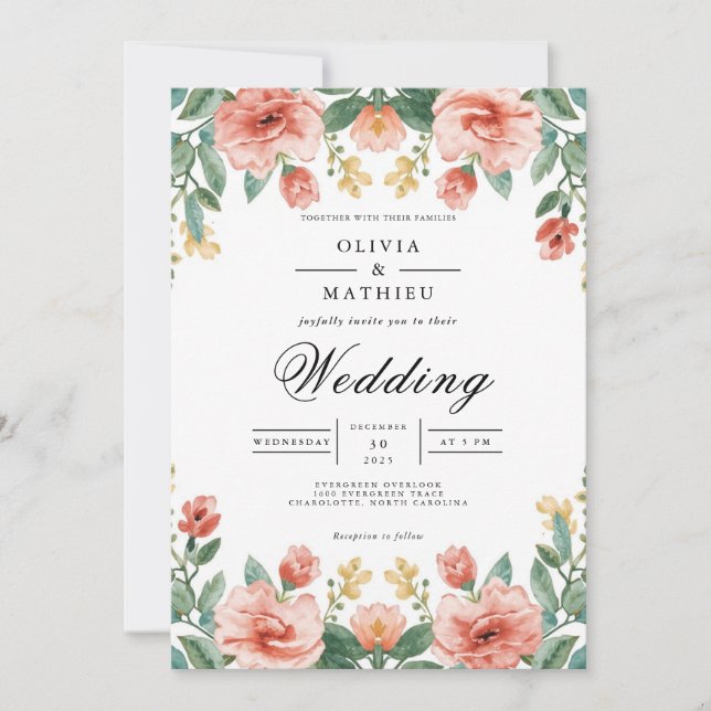 Convites Casamento com Arco Floral Coral & Green (Frente)
