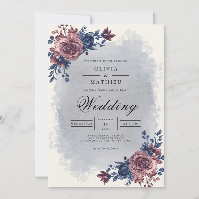Convites Casamento com Arco Floral de Ameixa Mal-humorada (Frente)