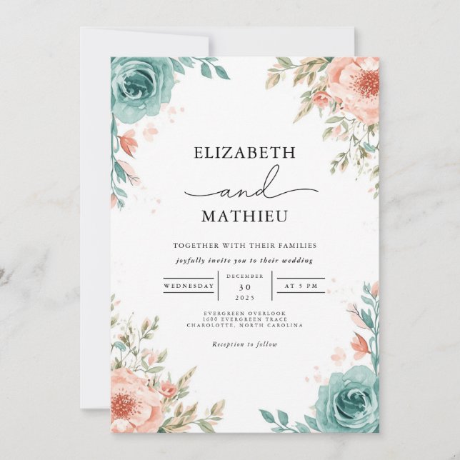 Convites Casamento com Arco Floral de Blush de Teal Molhado (Frente)
