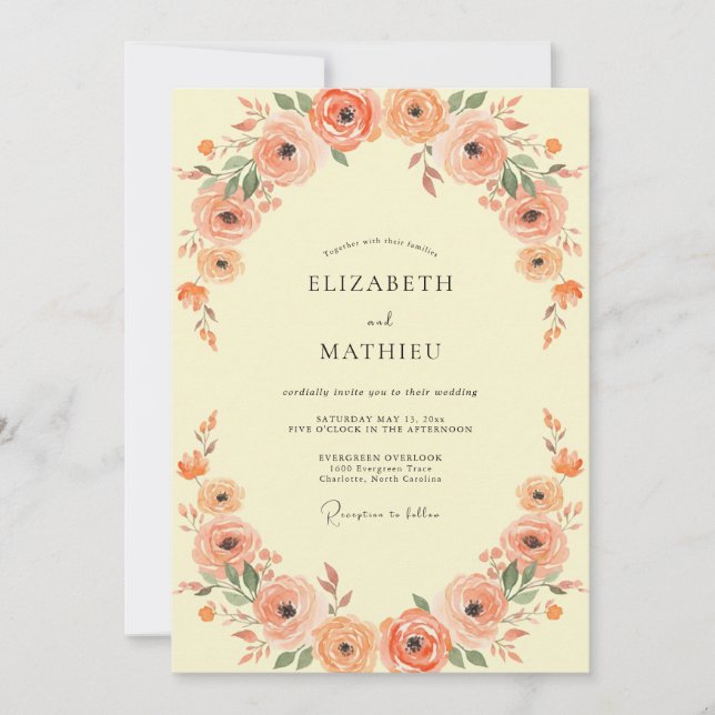 Convites Casamento com Arco Floral de Coral (Frente)