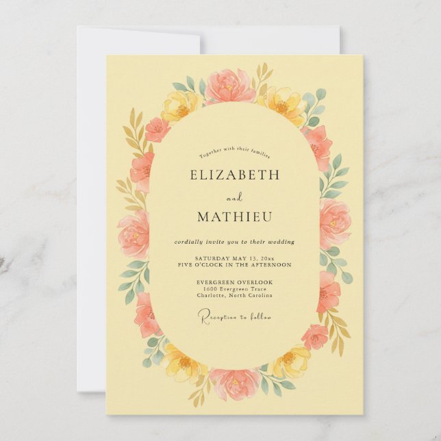 Convites Casamento com Arco Floral de Coral Amarelo (Frente)